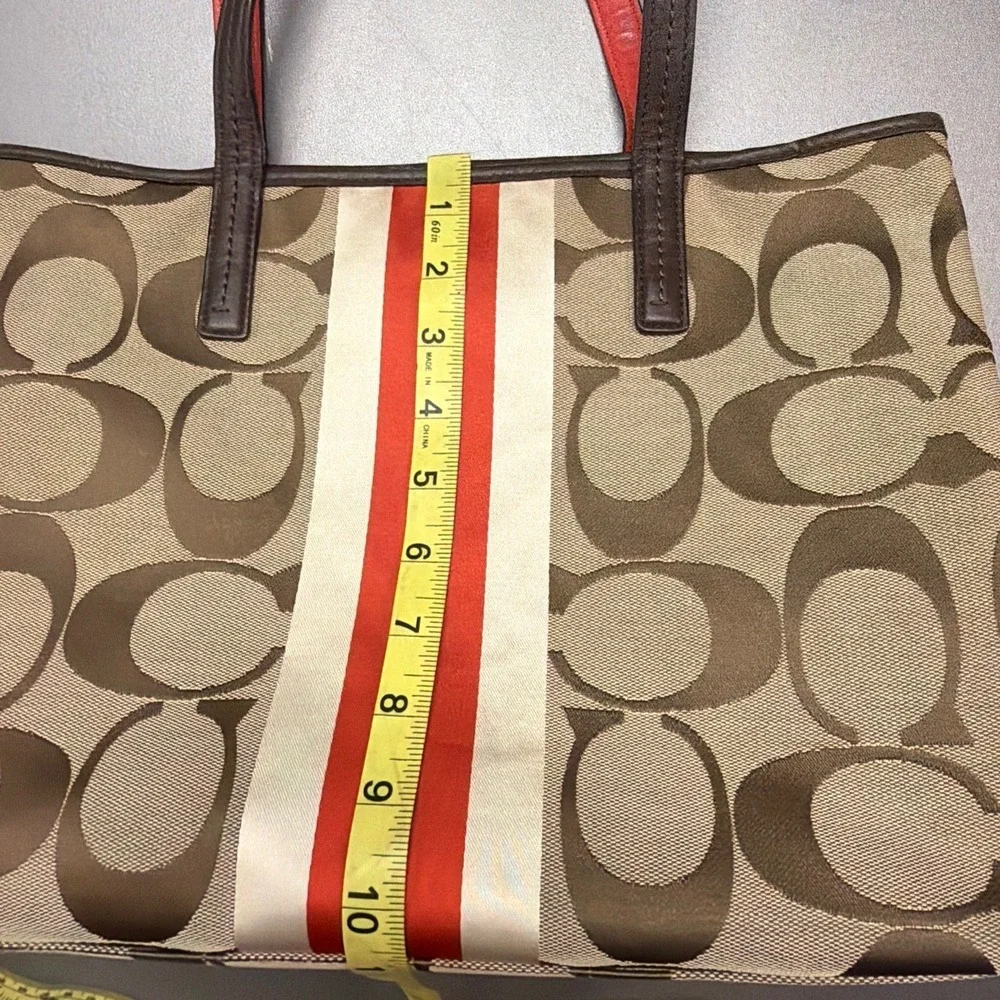 Coach Signature Jacquard Stripe Tote Bag Khaki Brown Red Canvas Shoulder Bag